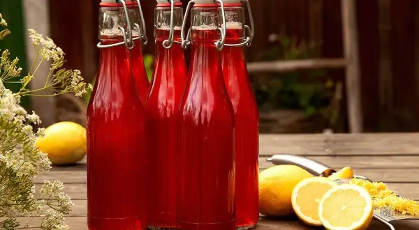Fyra flaskor med klar, röd rabarbersaft står på ett träbord. Bredvid finns citroner och ett rivjärn. En riktig saftmaja-dröm!