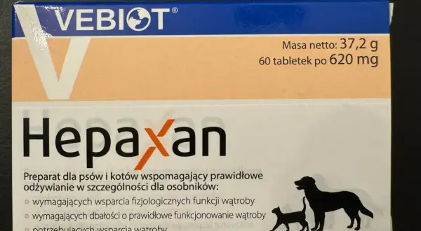 Opakowanie preparatu Hepaxan dla psów i kotów, wspierające wątrobę. 60 tabletek.