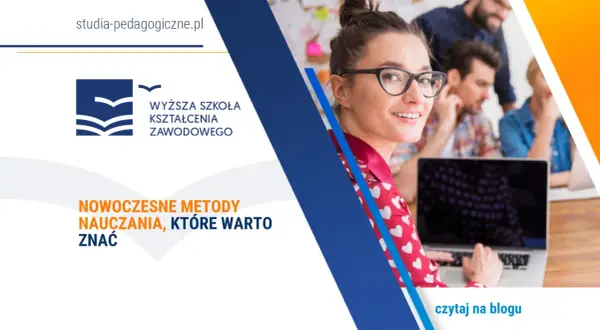 Uśmiechnięta studentka z okularami pracuje przy laptopie. Na ekranie widnieje napis "NOWOCZESNE METODY NAUCZANIA, KTÓRE WARTO ZNAĆ".