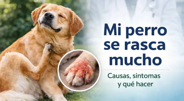 Un perro dorado se rasca la oreja con la pata. Una imagen muestra una pata irritada. "Mi perro se rasca mucho" es el título.