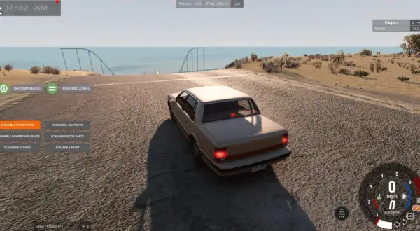 Gra BeamNG.drive na pustynnej mapie, z opcjami "Scramble Everything!" i "Random Vehicle". Sprawdź wymagania gry!