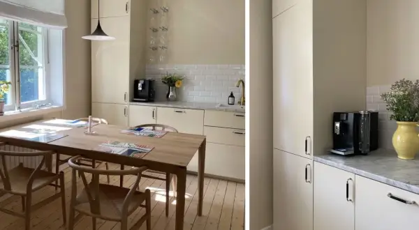 Ljust kök med matbord och stolar. Köksluckor i en ljusbeige nyans, perfekt för den som vill måla luckor i en ny färg.