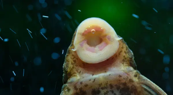 Gros plan sur la bouche d'un poisson nettoyeur, un poisson nettoyeur de bassin extérieur, avec des bulles d'air.
