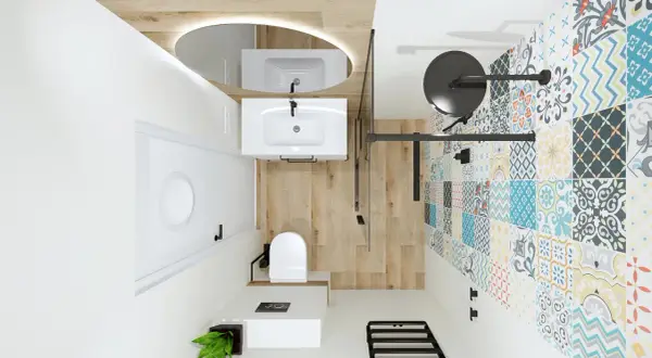 Mała łazienka w bloku 2m2 z kolorowymi płytkami, drewnianą podłogą, białym WC i umywalką.