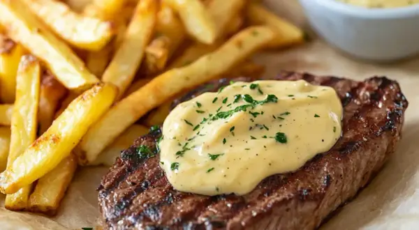 Biff med pommes frites och krämig bearnaisesås, perfekt för ett bearnaisesås recept stavmixer.