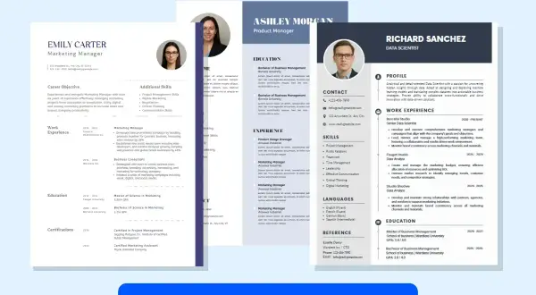 Trzy CV z różnymi kompetencjami: Emily Carter (Marketing Manager), Ashley Morgan (Product Manager) i Richard Sanchez (Data Scientist).