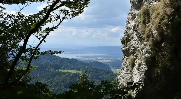 Widok z góry na jezioro i lasy, idealne miejsce na postój po rowerowej wycieczce velo Czorsztyn.