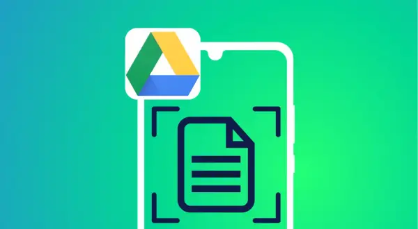 Icône du **google drive scanner** sur un fond dégradé vert. Le logo Google Drive flotte au-dessus d'une icône de document dans un cadre de numérisation.