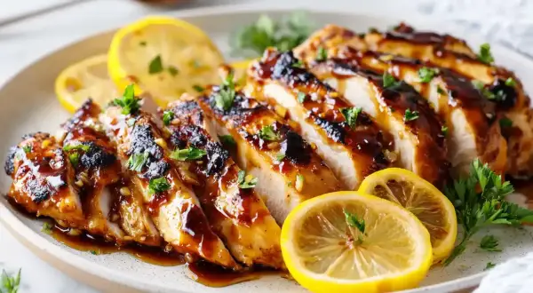 Skivad kycklingfilé med glaserad yta, garnerad med citronskivor och persilja. Perfekt som en del av en god marinad till kycklingfilé.