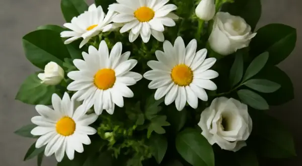En bukett med vita margeritblommor och vita rosor, omgiven av gröna blad.