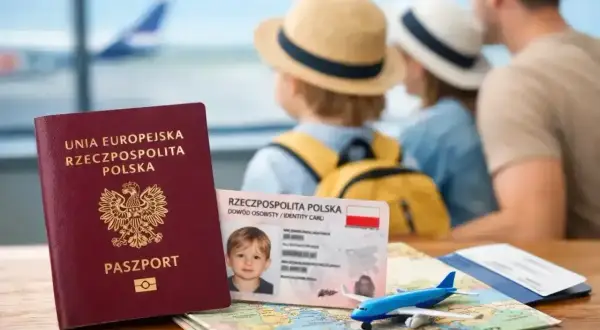 Pasport i dowód tożsamości strefy eog na tle rodziny czekającej na samolot.