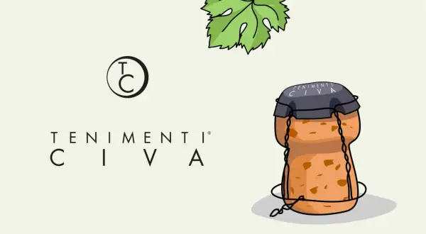 Tappo di sughero con logo "Tenimenti Civa" e foglia di vite, simbolo delle bollicine italiane.