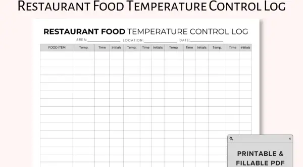 Karta kontroli temperatury w urządzeniach chłodniczych restauracji. Dokument zawiera kolumny na pozycję, temperaturę, czas i inicjały.
