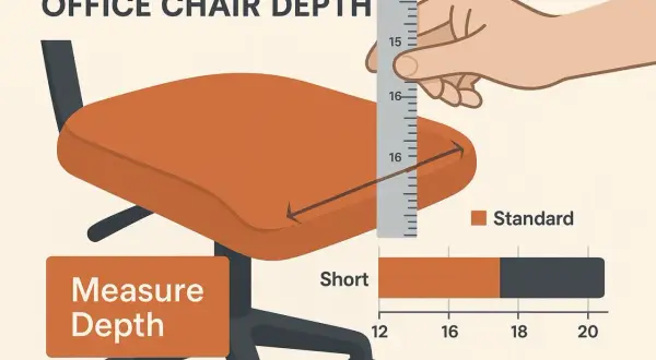 Illustration showing how to measure room for furniture, specifically the depth of an office chair. A ruler measures the seat depth.