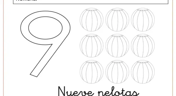 Ficha número 9: un gran número 9 junto a nueve pelotas para colorear.