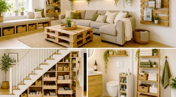Inspirerande idéer för diy inredning: vardagsrum med pallbord, smart förvaring under trappan och ett stilrent badrum.