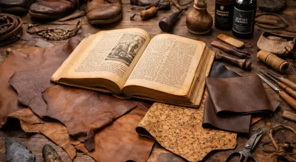 Livre ancien ouvert sur des peaux de cuir, outils et flacons. L'image évoque le tannage, un art ancestral de transformation du cuir.