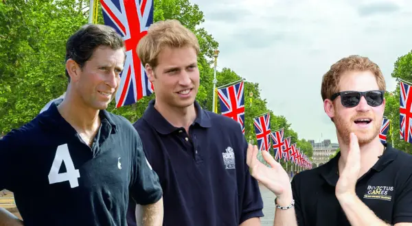 Prinz Charles, William und Harry diskutieren, ob das Polohemd in die Hose gehört. Britische Flaggen im Hintergrund.