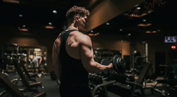 Mężczyzna ćwiczy biceps z hantlem w siłowni. To dowód, jak crossfit zmienił moje życie, budując siłę i pewność siebie.