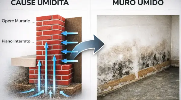 L'umidità del terreno risale attraverso i mattoni, causando danni e muffa. I mattoni che si sgretolano sono un segnale di questo problema.