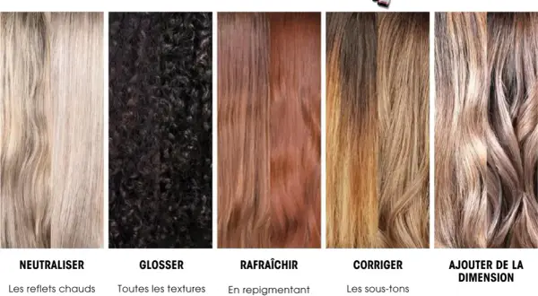Cinq échantillons de différentes couleurs de cheveux, du blond clair au brun foncé, illustrant les différentes couleurs de cheveux obtenues avec Redken Shades EQ Gloss.