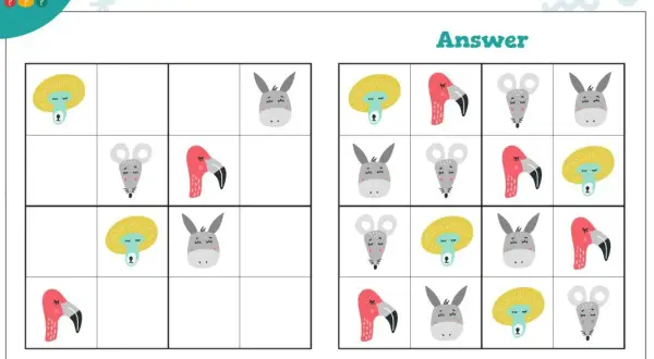 Klocki sudoku z uroczymi zwierzątkami: flaming, myszka, osiołek i słoneczko. Obok rozwiązanie zagadki.