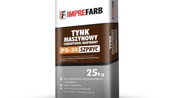 Worek z tynkiem maszynowym cementowo-wapiennym PD-20 SZPRYC. Idealny do nakładania mechanicznego i ręcznego, z uwzględnieniem szpryc cementowy proporcje.