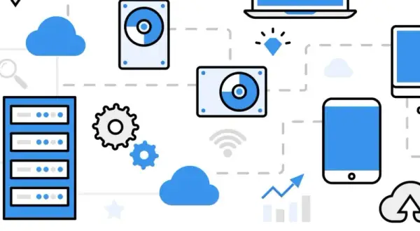Sieć serwerów, dysków, chmur i urządzeń mobilnych symbolizuje działanie firm hostingowych.