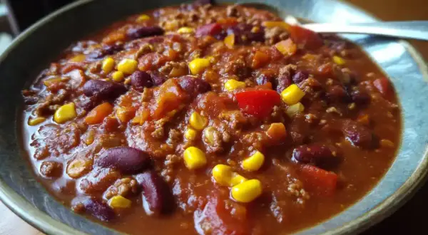 En skål med mustig vegetarisk chili con carne, full av bönor, majs och paprika. Perfekt för en mysig middag.