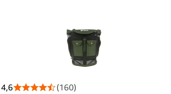 Mochila de malla verde con bolsillos, ideal para recolectar setas.