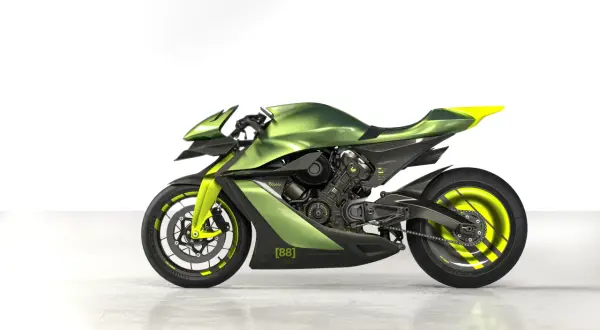 La Aston Martin AMB 001, una moto deportiva futurista en verde metálico y detalles neón, lista para la velocidad.