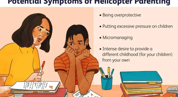 Zestawienie objawów helicopter parenting: nadopiekuńczość, presja, mikrozarządzanie. Młoda osoba zrezygnowana przy nauce.