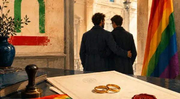 Due uomini si abbracciano, pronti per la loro unione civile o matrimonio. Anelli e bandiera arcobaleno sul tavolo.
