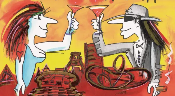 Udo Lindenberg Bilder: Zwei Figuren stoßen mit Cocktails an, im Hintergrund das Ruhrgebiet.