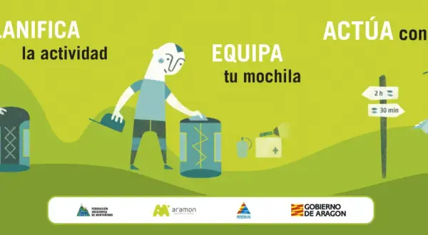 Ilustración que explica qué es el senderismo: planificar, equipar mochila y actuar con prudencia. Personajes y señales de ruta.
