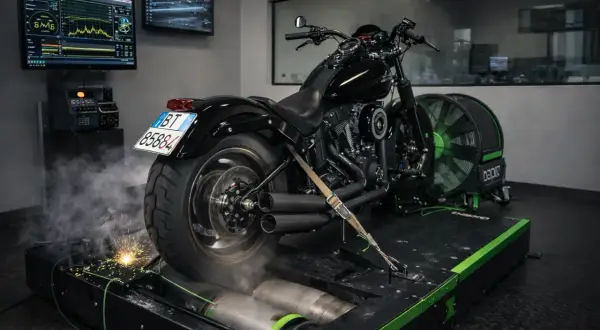 Moto negra en dinamómetro, lista para aumentar caballos. No es un coche diésel, ¡es pura potencia!