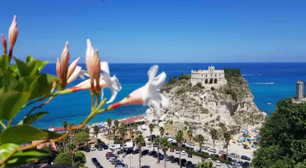 Fiori bianchi in primo piano, sullo sfondo il Santuario di Santa Maria dell'Isola a Tropea, un must per chi cerca cosa vedere in Calabria. Spiaggia affollata e mare azzurro.