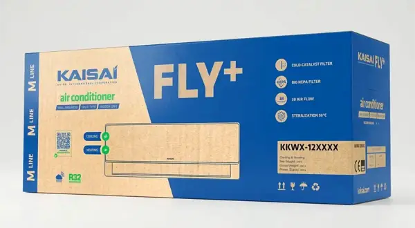 Klimatyzator Kaisai Fly+ 3.5 kW. Opakowanie informuje o funkcjach i klasie energetycznej, pomagając ocenić, ile prądu zużywa klimatyzacja 3.5 kW.