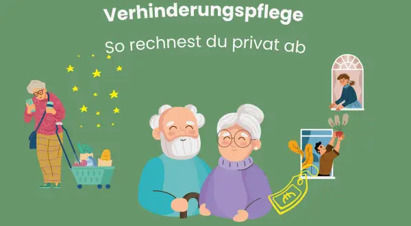 Verhinderungspflege: Ein älteres Paar, eine Frau mit Einkaufswagen und Sterne. Eine Frau am Fenster, ein Mann mit Pflanze und ein Euro-Symbol.