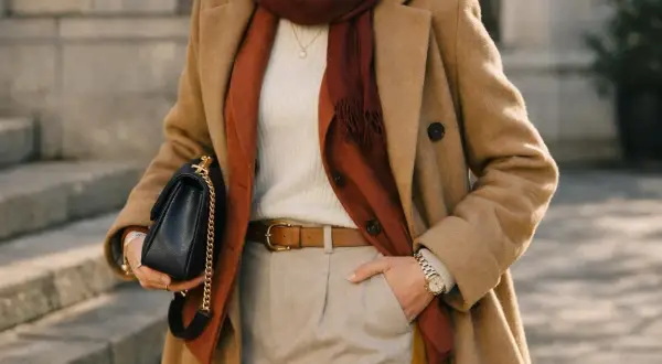 Une femme porte une élégante veste camel homme, un pull blanc, un foulard bordeaux et un pantalon beige. Elle tient un sac à main noir.