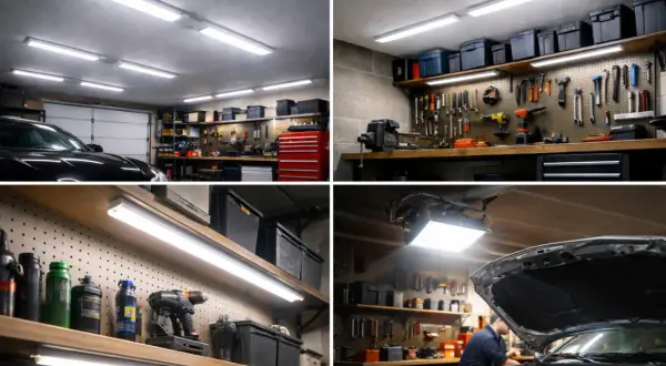 Jasne, oto opis:

Jasne, nowoczesne oświetlenie garażu bez prądu. Długie, białe lampy LED zamontowane na suficie i półkach zapewniają doskonałą widoczność. Widać narzędzia, samochód i skrzynki.