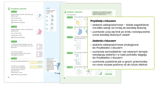 Ilustracja przedstawia strony z podręcznika matematyki z przykładami i zadaniami dotyczącymi ułamków i figur geometrycznych.