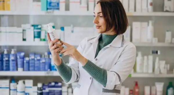Farmaceutka w białym fartuchu analizuje skład leku, który może być wydany na receptę farmaceutyczną.