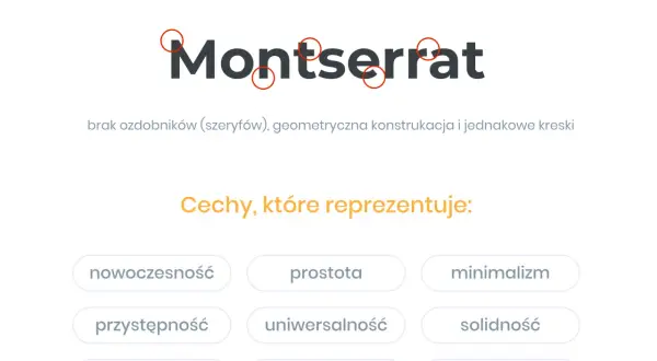 Montserrat, czcionka bezszeryfowa, symbolizuje nowoczesność, prostotę i minimalizm. Jej geometryczna konstrukcja zapewnia czytelność.