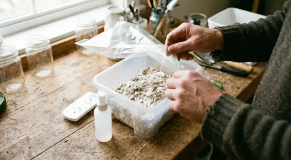 Man manipula un contenedor con sustrato para cultivar setas. El pan de setas no fructifica, pero la esperanza persiste.