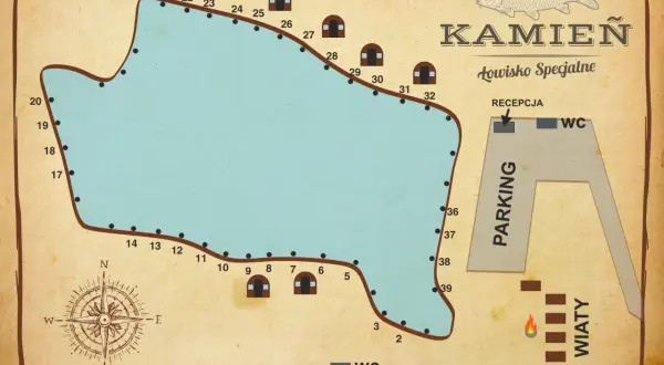Mapa łowiska Kamień z zaznaczonymi stanowiskami, WC, parkingiem i wiatami. Idealne miejsce na wędkarską przygodę.
