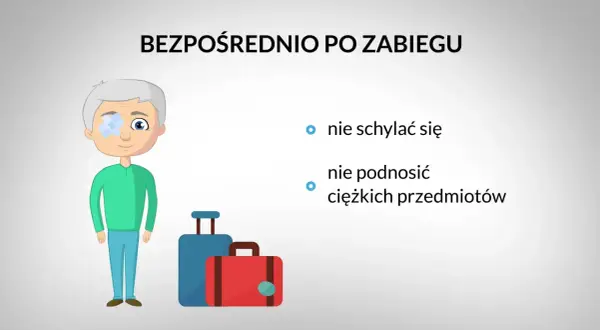 Po operacji zaćmy nie schylać się. Pacjent z plastrem na oku i walizkami uczy się, kiedy można się schylać.