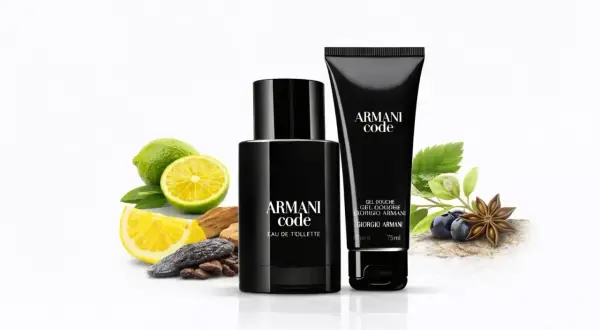 Zestaw Armani Code 100ml: woda toaletowa i żel pod prysznic, otoczone cytrusami, jagodami i anyżem.