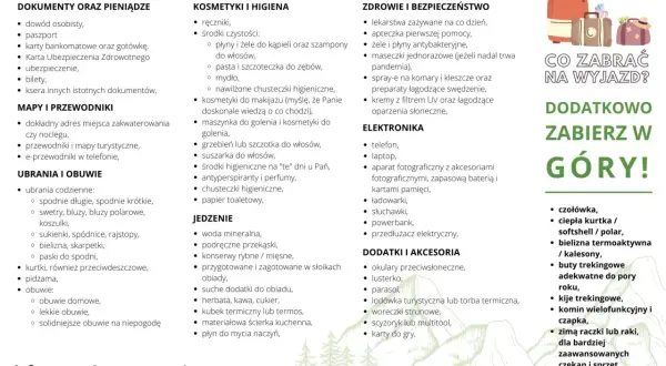 Lista rzeczy na wyjazd za granicę: dokumenty, kosmetyki, leki, elektronika, ubrania i jedzenie. Dodatkowo w góry: ciepła kurtka, buty trekkingowe, raczki.
