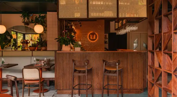 Przytulne bistro na piętrze z drewnianym barem, wygodnymi siedzeniami i mnóstwem zieleni.